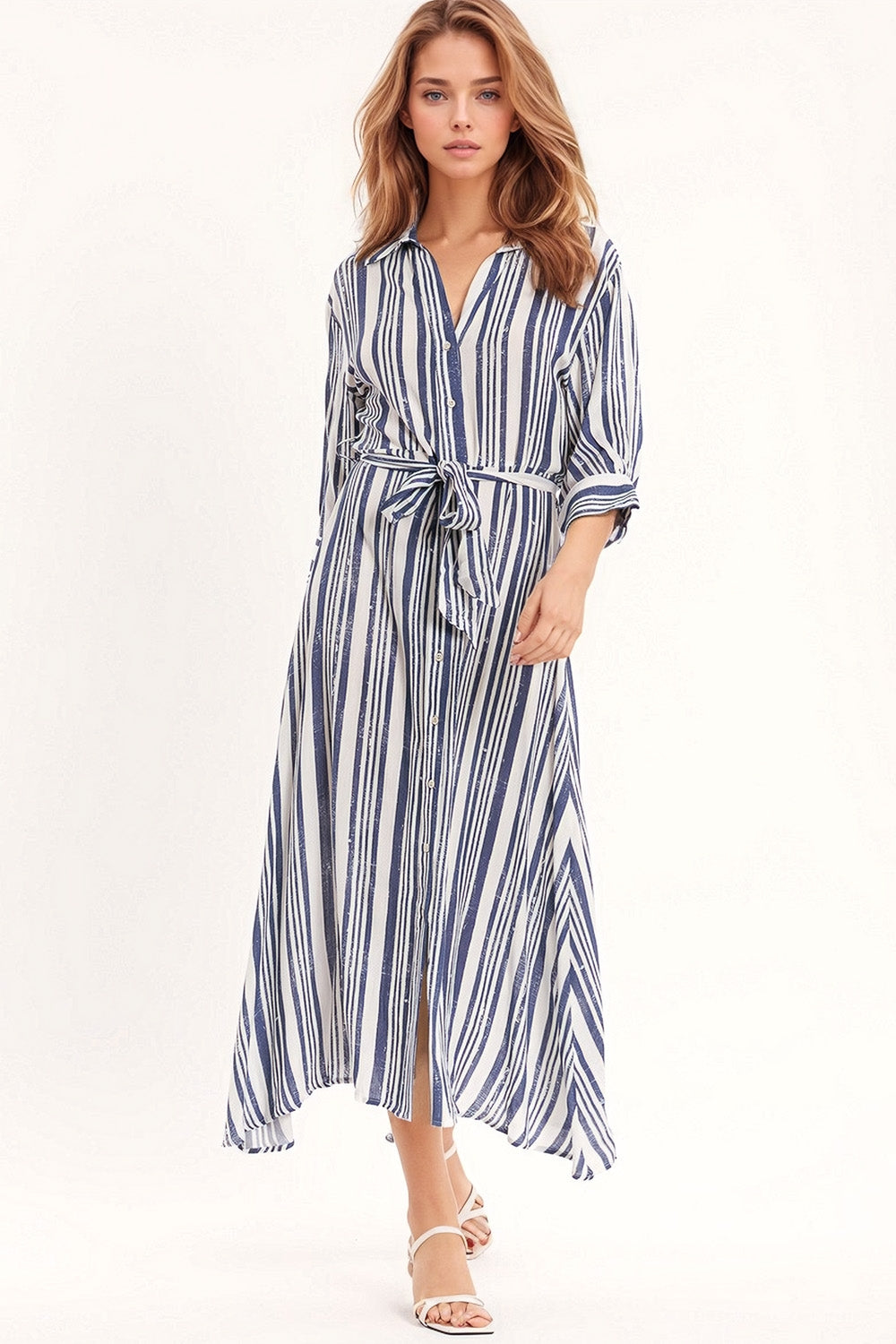 Q2 Striped Maxi Shirt Dress With 3/4 Sleeve and Belt in Blue and White