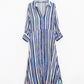 Striped Maxi Shirt Dress With 3/4 Sleeve and Belt in Blue and White