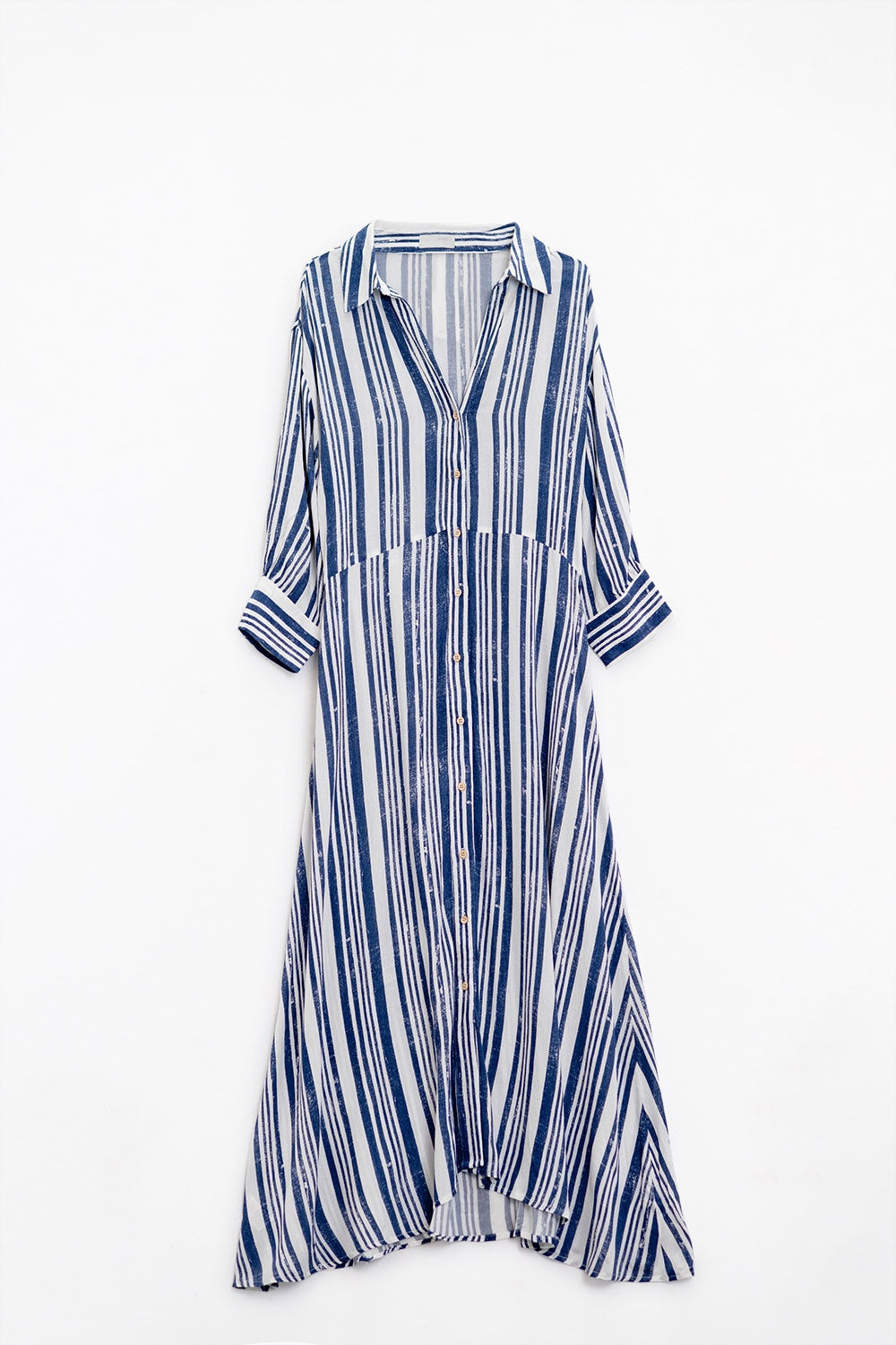 Striped Maxi Shirt Dress With 3/4 Sleeve and Belt in Blue and White