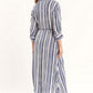 Striped Maxi Shirt Dress With 3/4 Sleeve and Belt in Blue and White