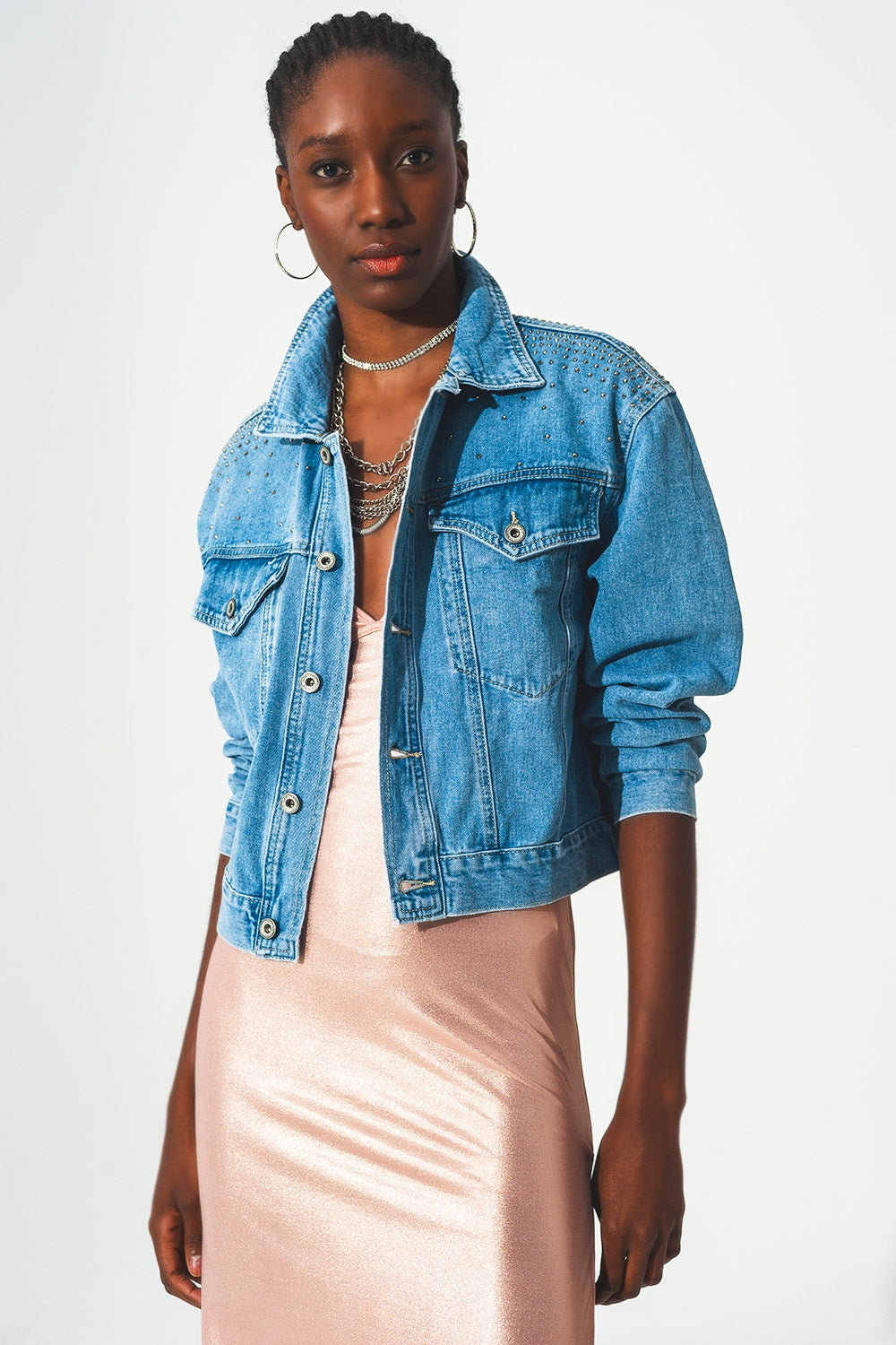 Q2 Studded denim jacket in blue