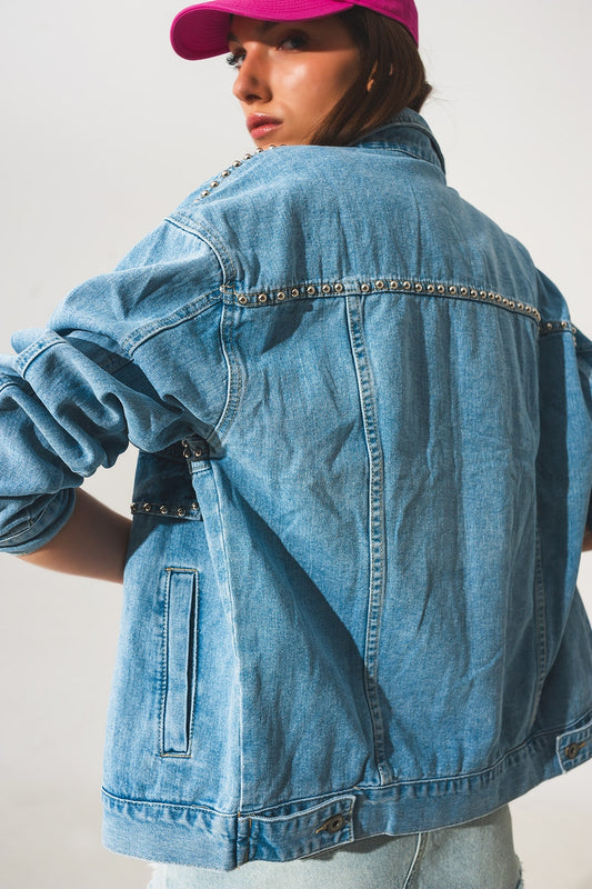 Studded grandpa utility denim jacket in mid wash - Szua Store