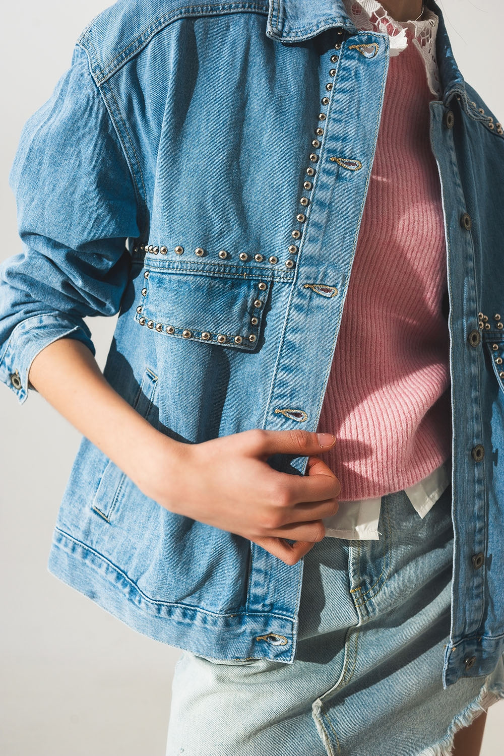 Studded grandpa utility denim jacket in mid wash - Szua Store