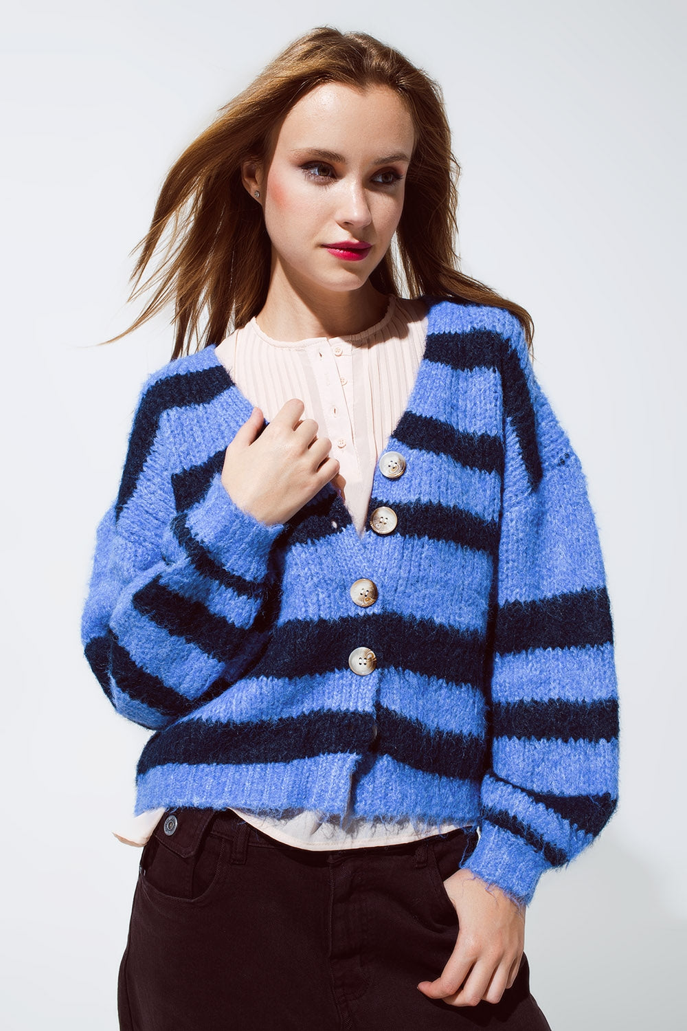 Q2 Super Fluffy Oversized Cardigan in Striped Blue Design