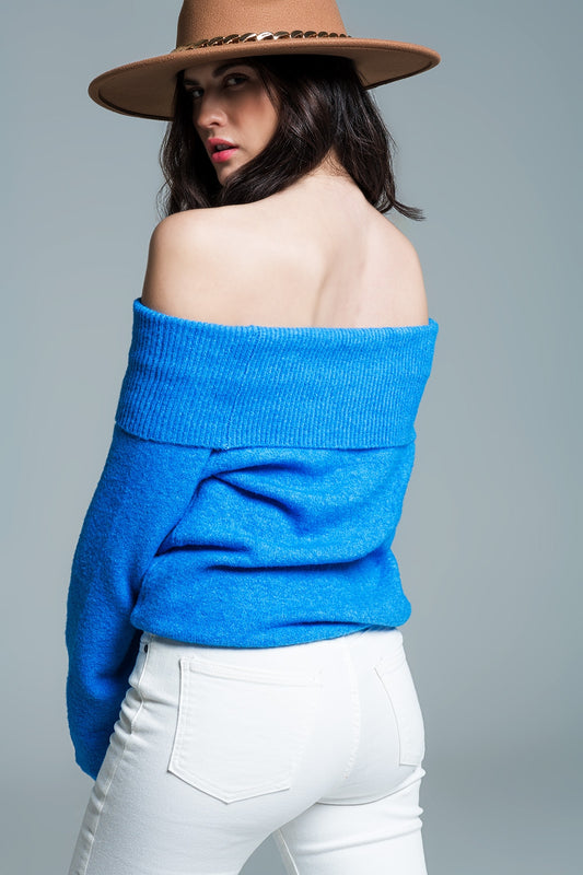 Super soft relaxed blue sweater with boat neckline