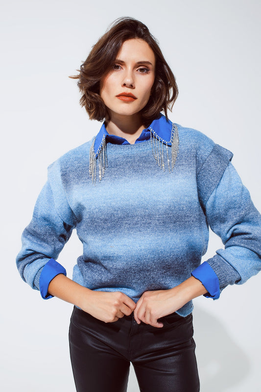 Q2 Sweater in ombre design blue with round neck and sleeve details