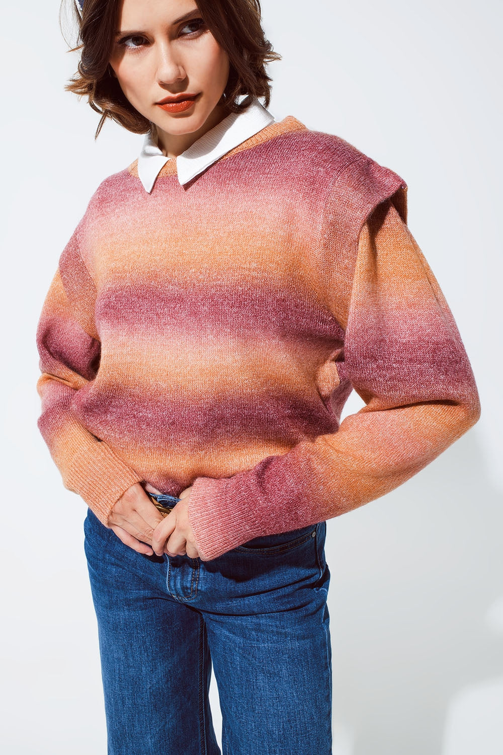 Q2 Sweater in orange and red ombre design with round neck and sleeve details