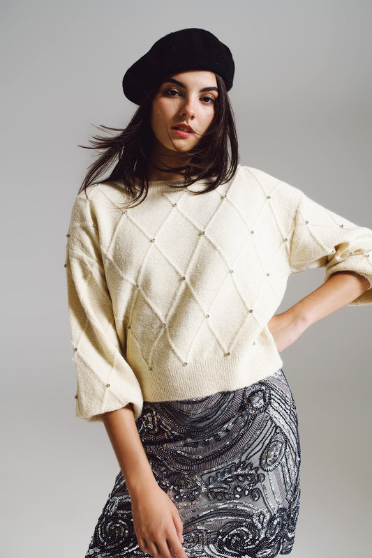 Q2 Sweater With Argyle Knit With Embellished Details in cream