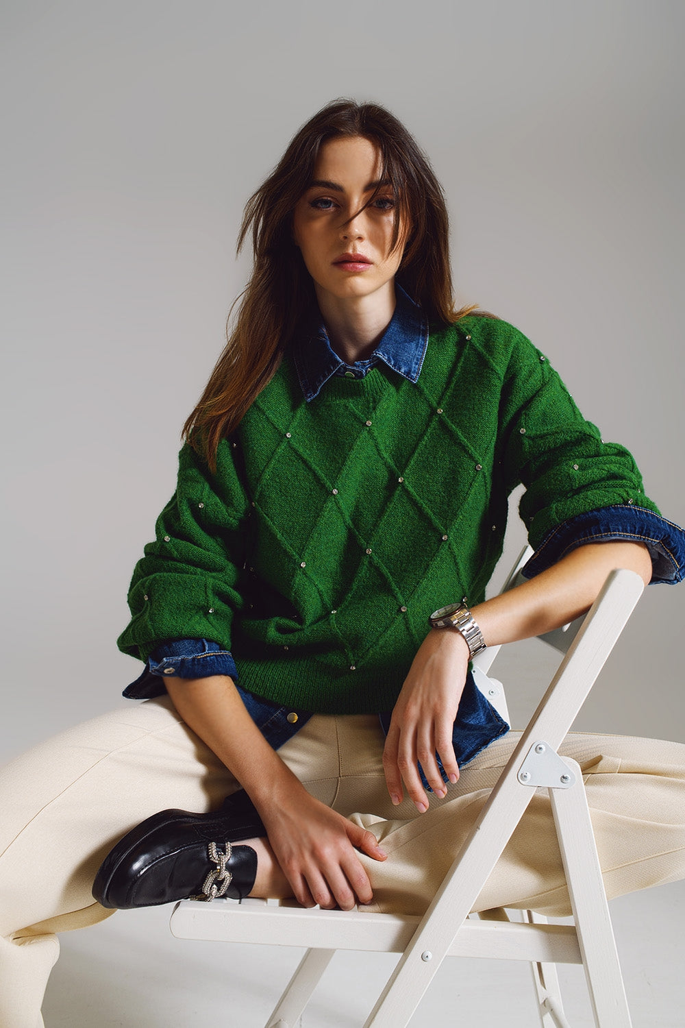 Q2 Sweater With Argyle Knit With Embellished Details in Green