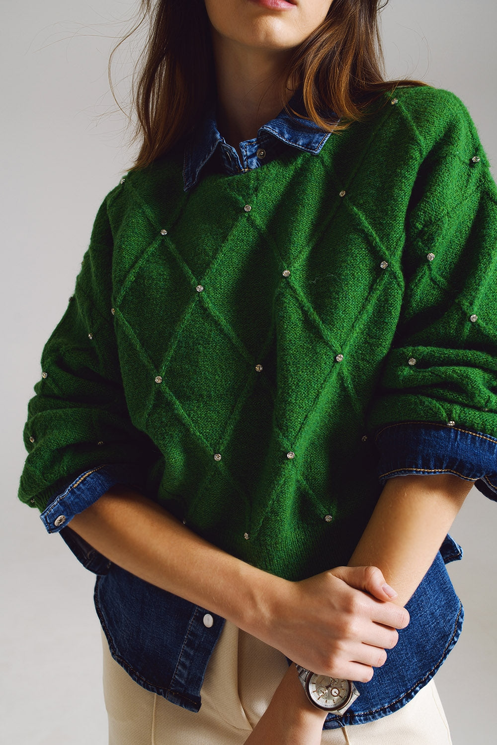 Sweater With Argyle Knit With Embellished Details in Green - Szua Store