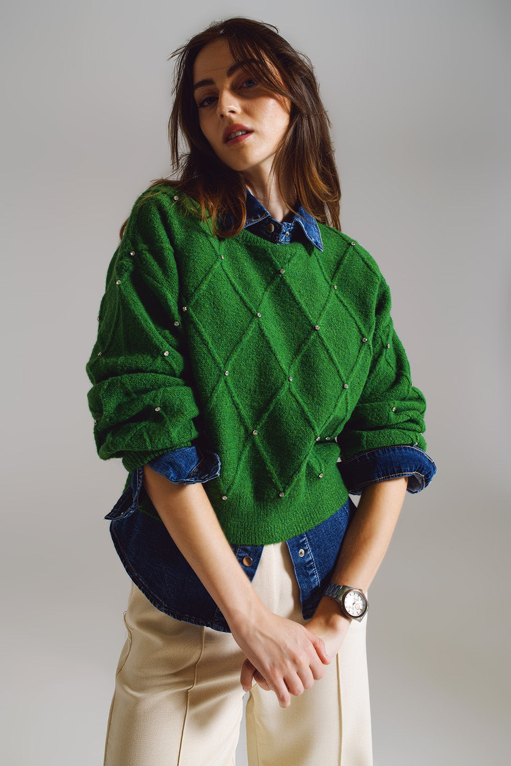 Sweater With Argyle Knit With Embellished Details in Green - Szua Store