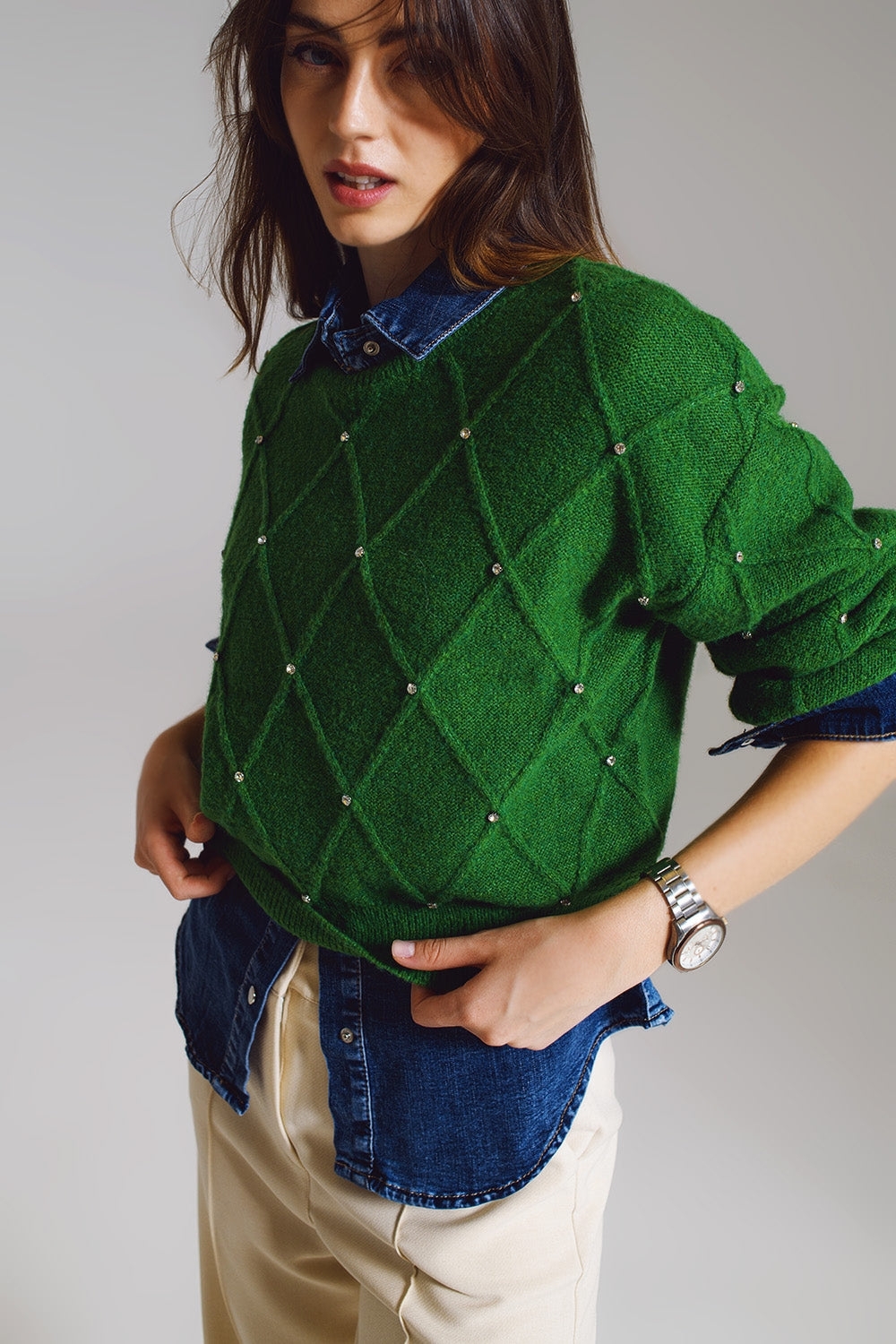 Sweater With Argyle Knit With Embellished Details in Green - Szua Store