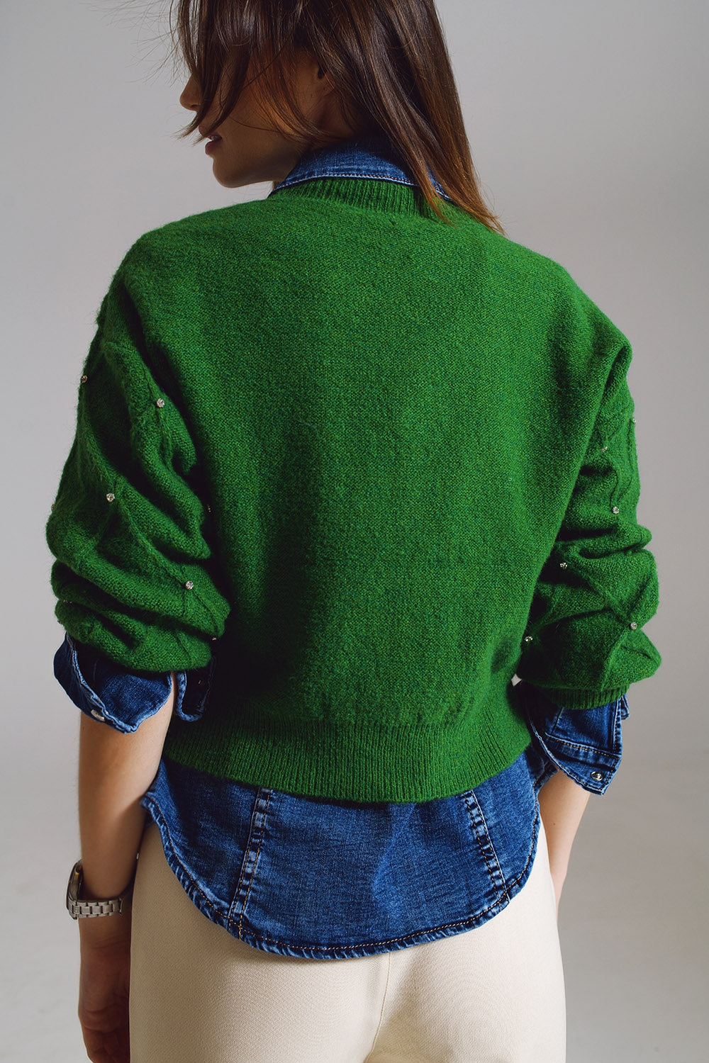 Sweater With Argyle Knit With Embellished Details in Green - Szua Store