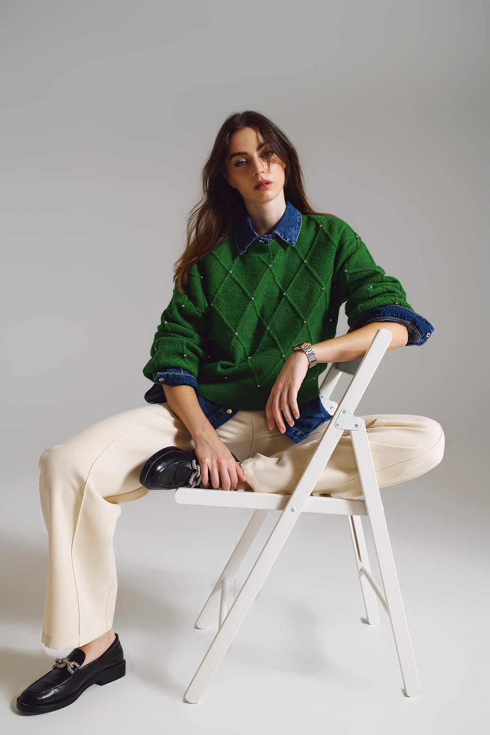 Sweater With Argyle Knit With Embellished Details in Green - Szua Store