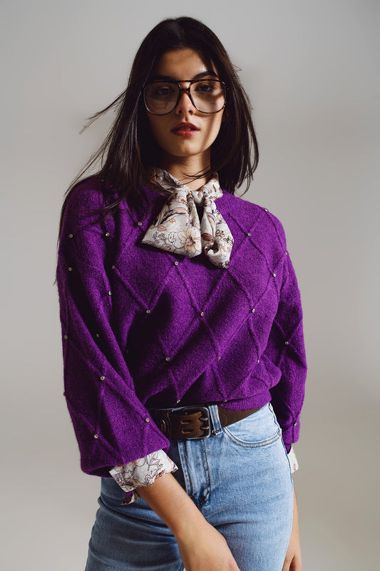 Q2 Sweater With Argyle Knit With Embellished Details in purple