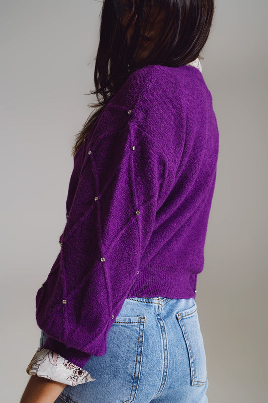 Jersey de punto de rombos con detalles adornados en violeta
