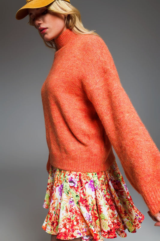 Sweater With Chimney Style Collard In Metallic Thread Orange
