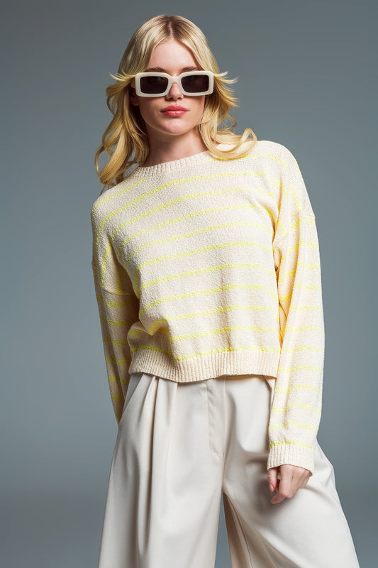 Q2 Sweater With Drop Shoulders in Beige with Yellow Stripes