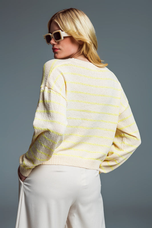Sweater With Drop Shoulders in Beige with Yellow Stripes