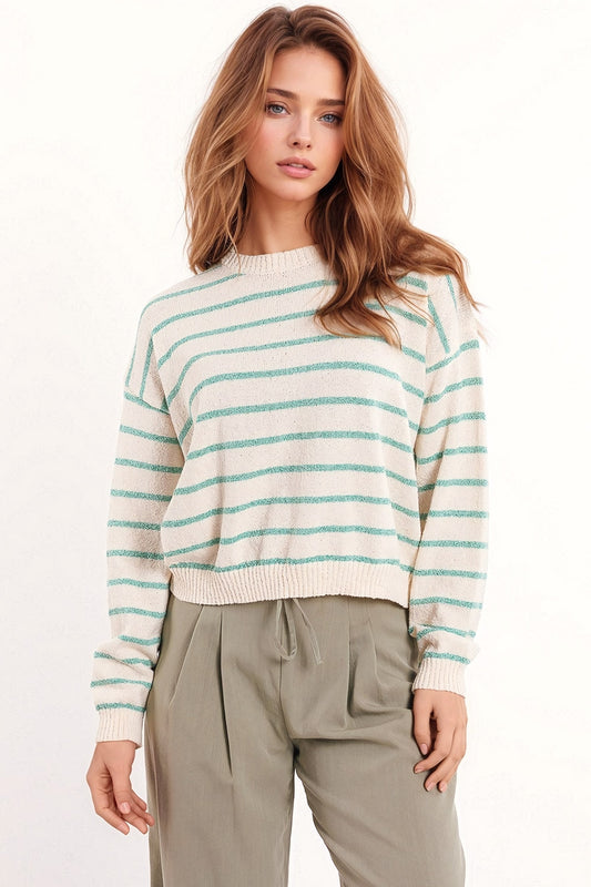 Q2 Sweater With Drop Shoulders in White with Green Stripes