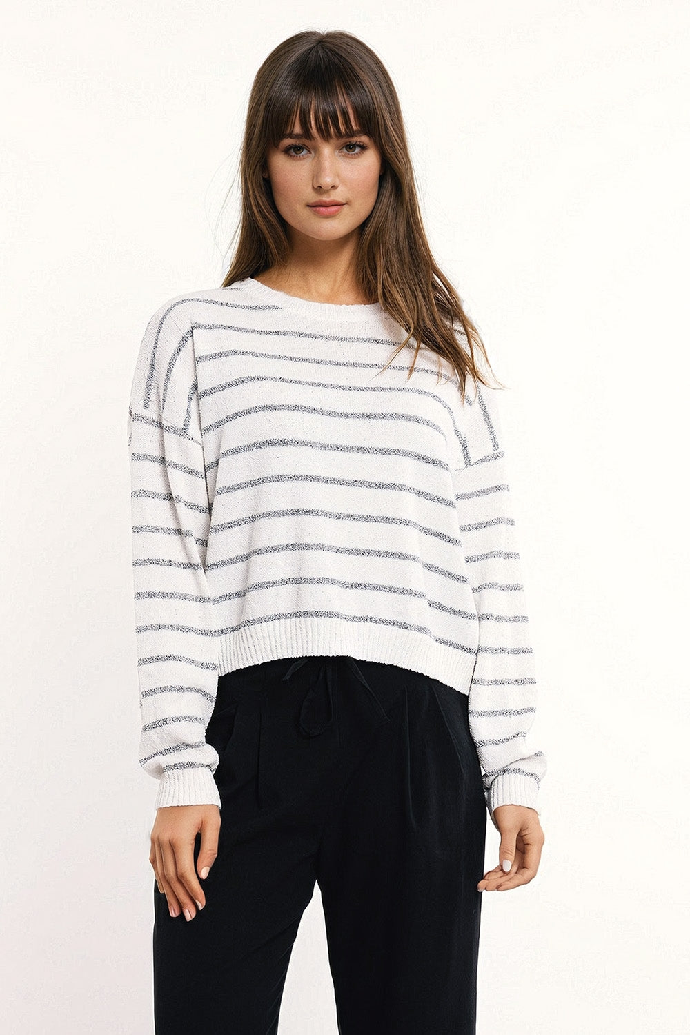 Q2 Sweater With Drop Shoulders in White with Grey Stripes