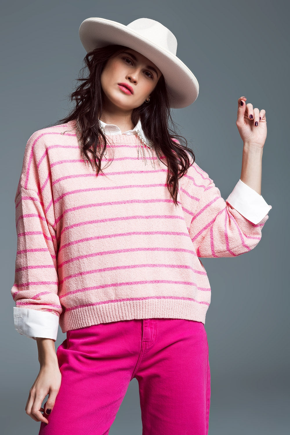 Q2 Sweater With Drop Shoulders with Fuchsia Stripes