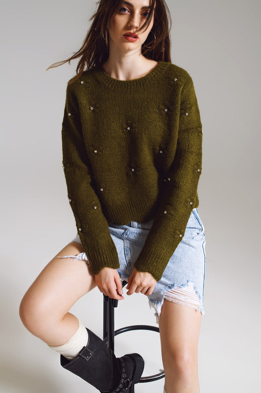 Q2 Sweater with Knitted Flowers and strass embellished in khaki