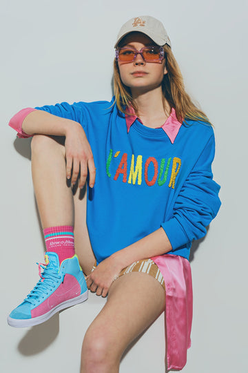 Q2 Sweater with L'amour Text in Blue