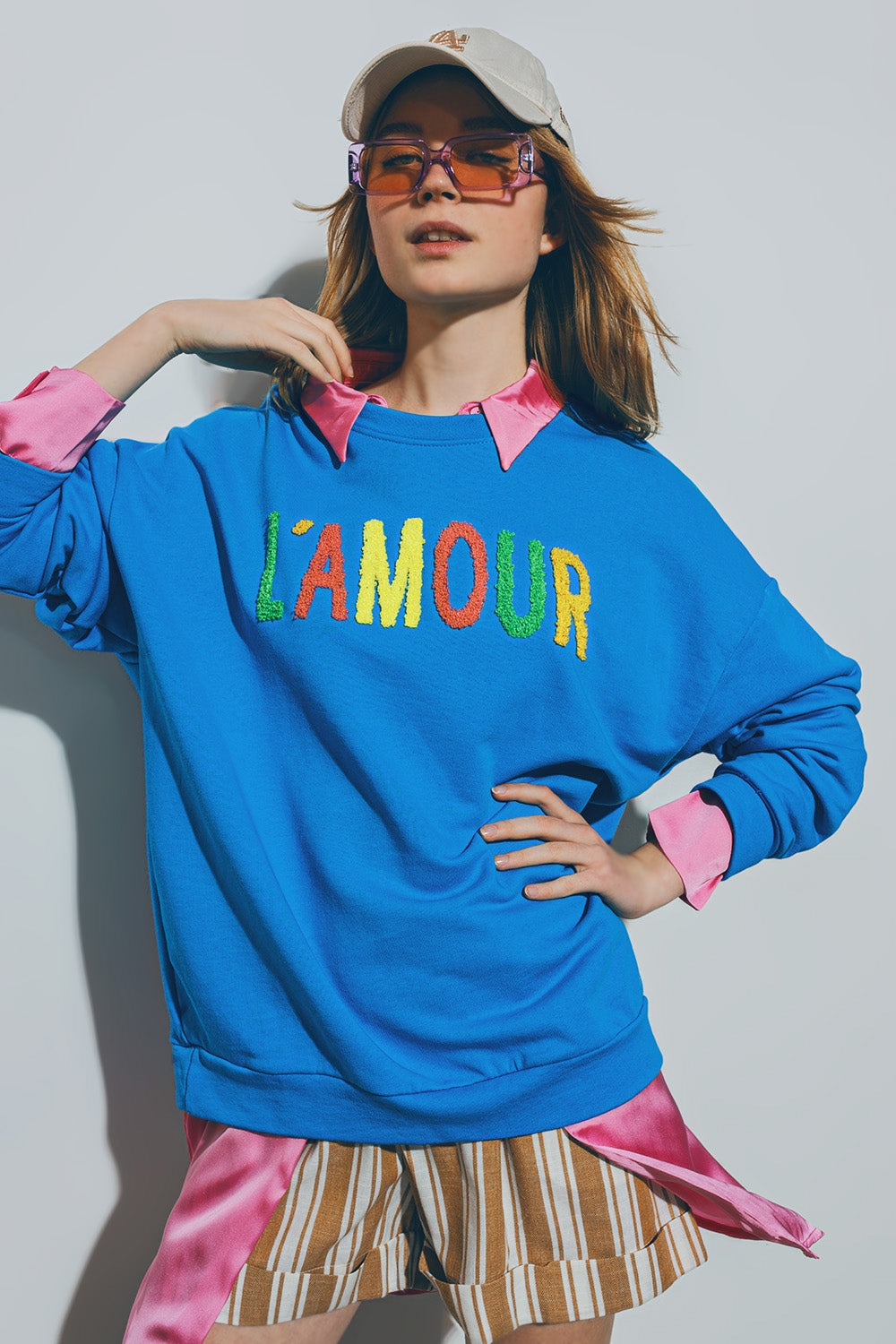 Sweater with L'amour Text in Blue - Szua Store