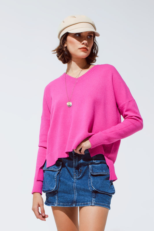 Q2 Sweater with V neck in pink