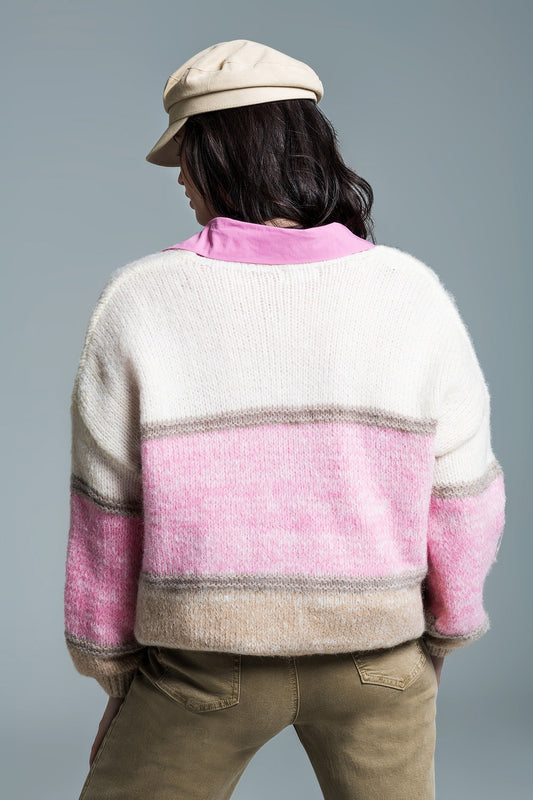 Sweater with V-neck in white pink and brown