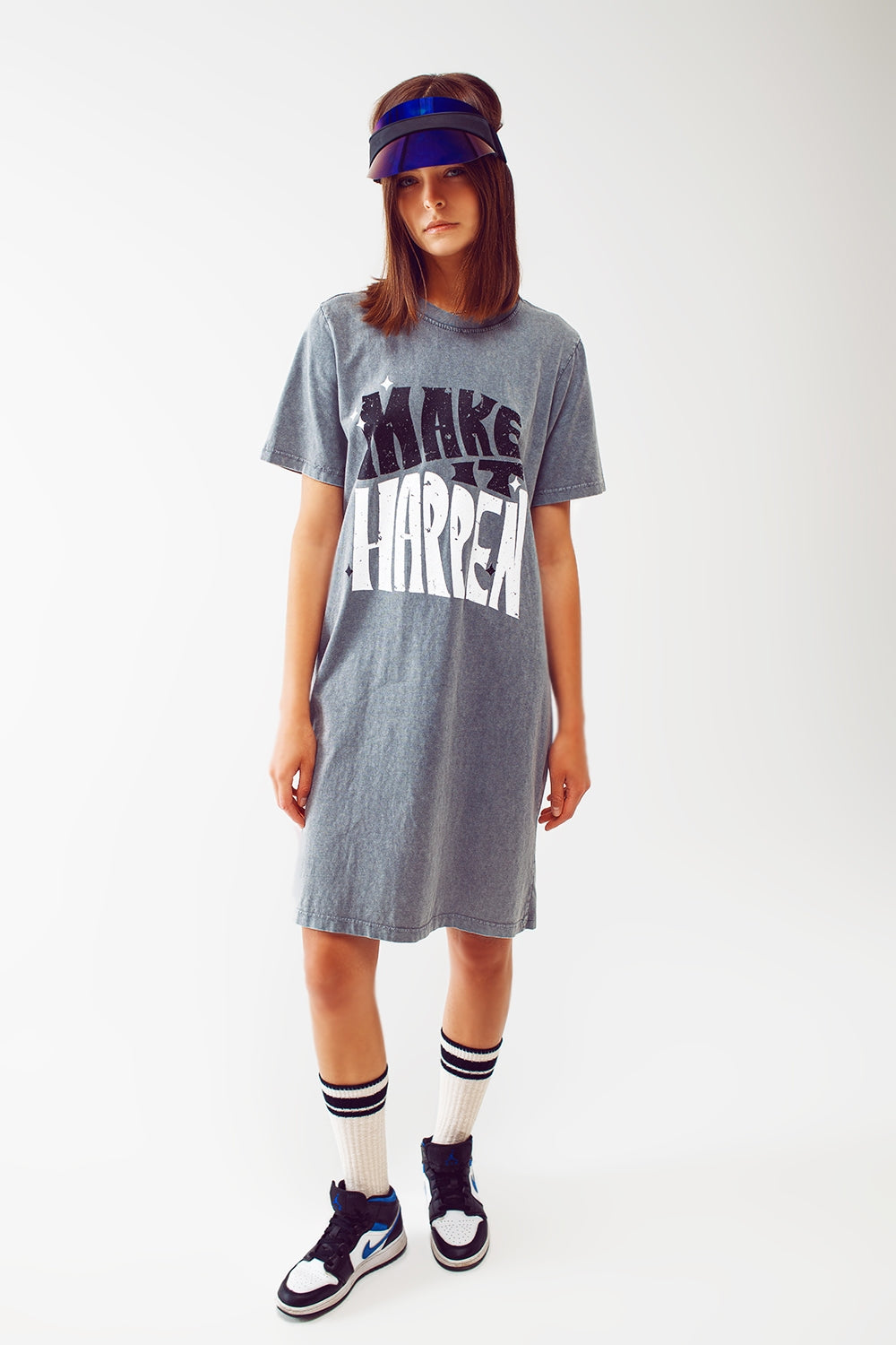 Q2 T-shirt Dress with Make It Happen Text in grey