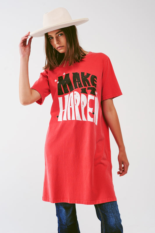 T-shirt Dress with Make It Happen Text in Red - Szua Store