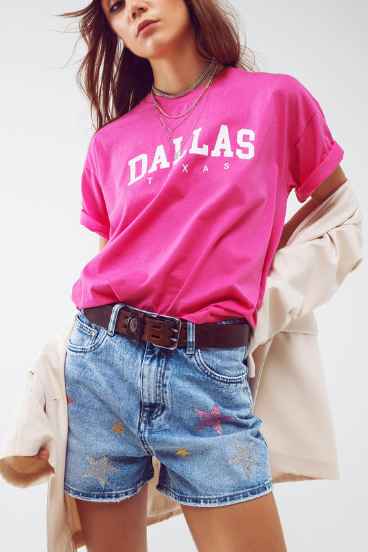 Q2 T Shirt with Dallas Texas Text in Fuchsia