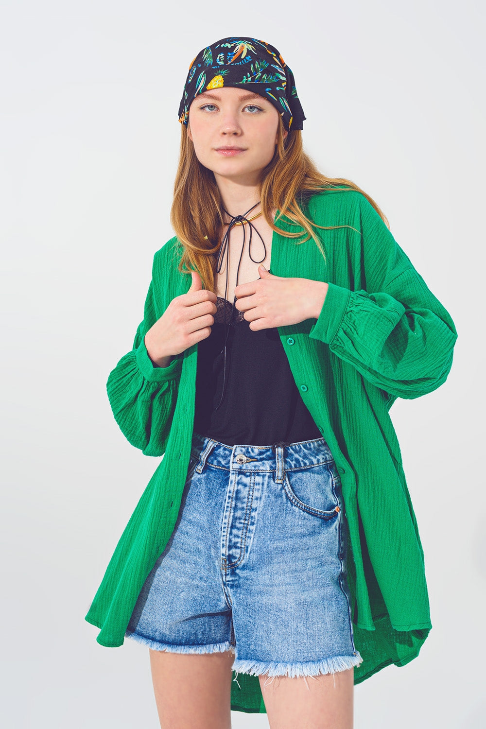 Q2 Textured Loose Fit Shirt in Green