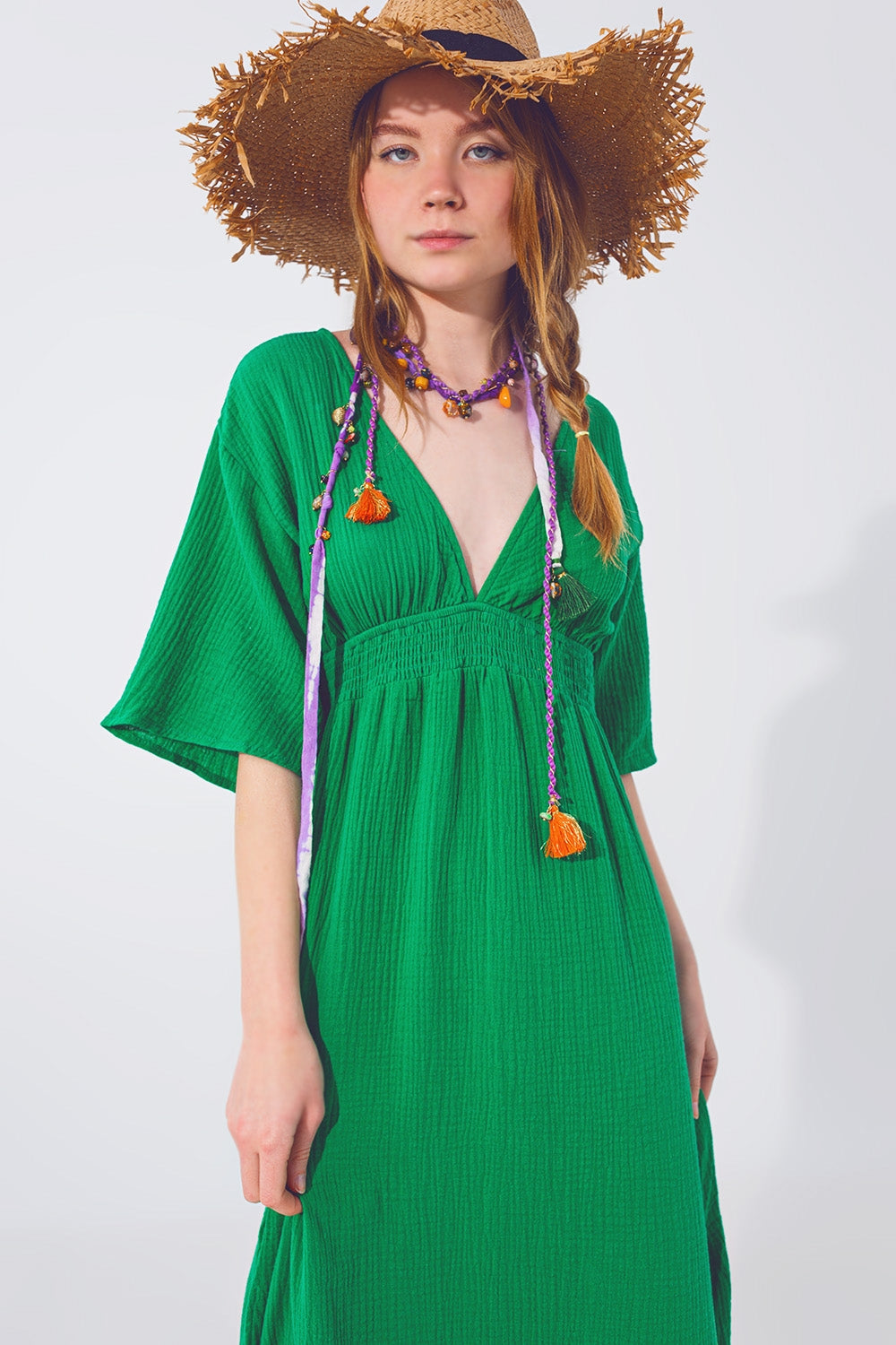 Textured V-Neck Maxi Dress in Green - Szua Store