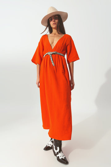 Q2 Textured V-Neck Maxi Dress in Orange