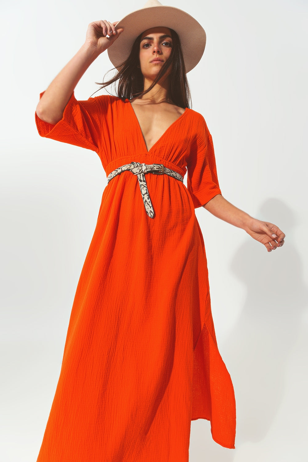 Textured V-Neck Maxi Dress in Orange - Szua Store