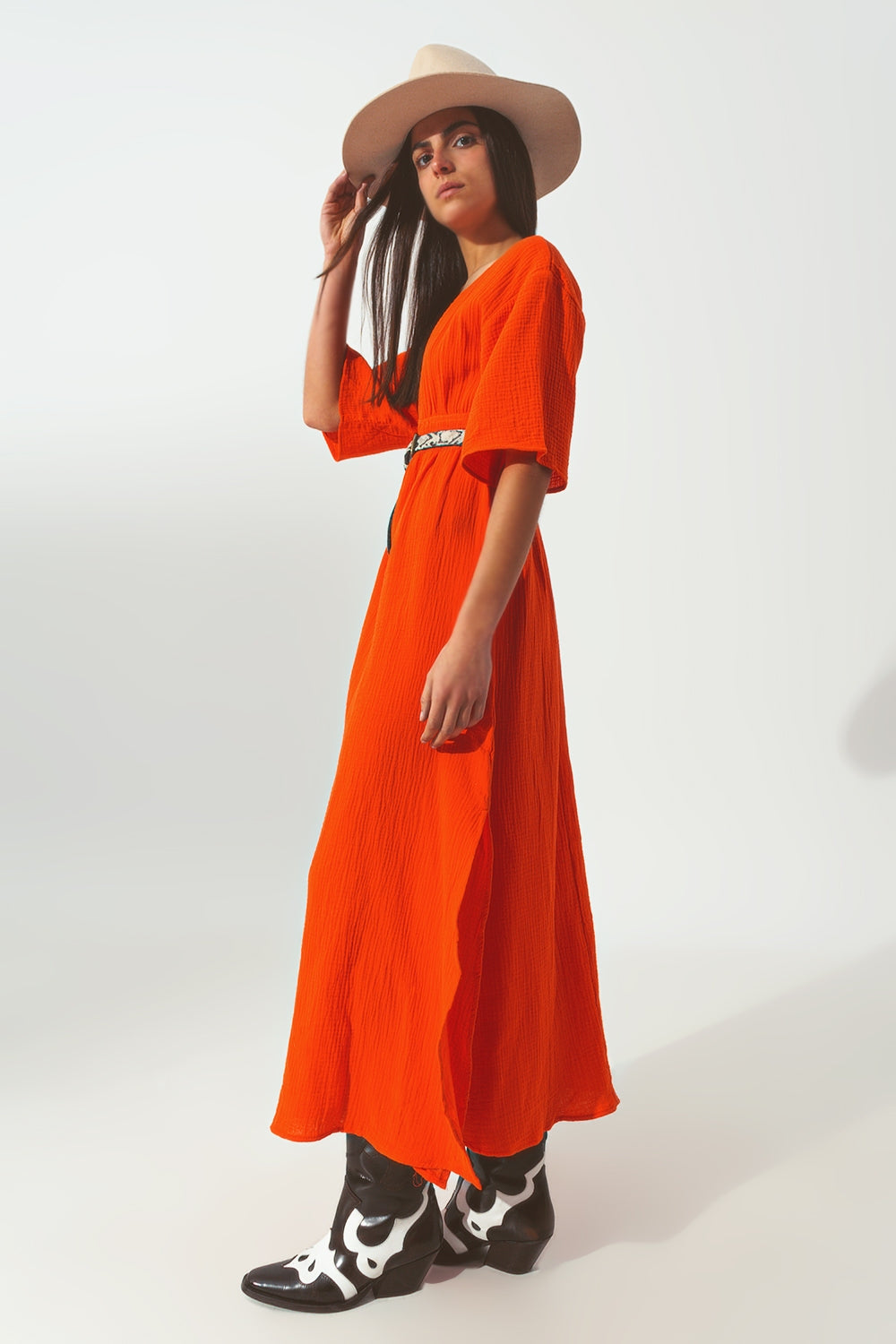 Textured V-Neck Maxi Dress in Orange - Szua Store