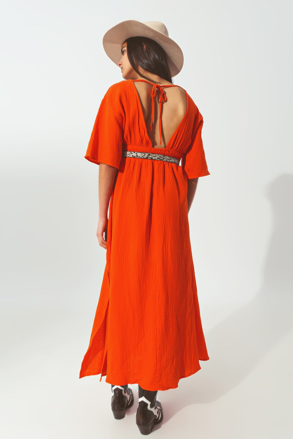 Textured V-Neck Maxi Dress in Orange - Szua Store