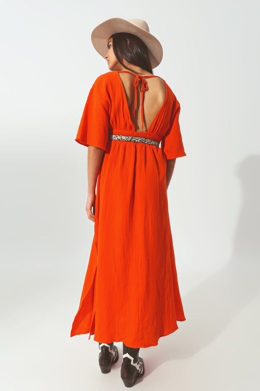 Textured V-Neck Maxi Dress in Orange - Szua Store