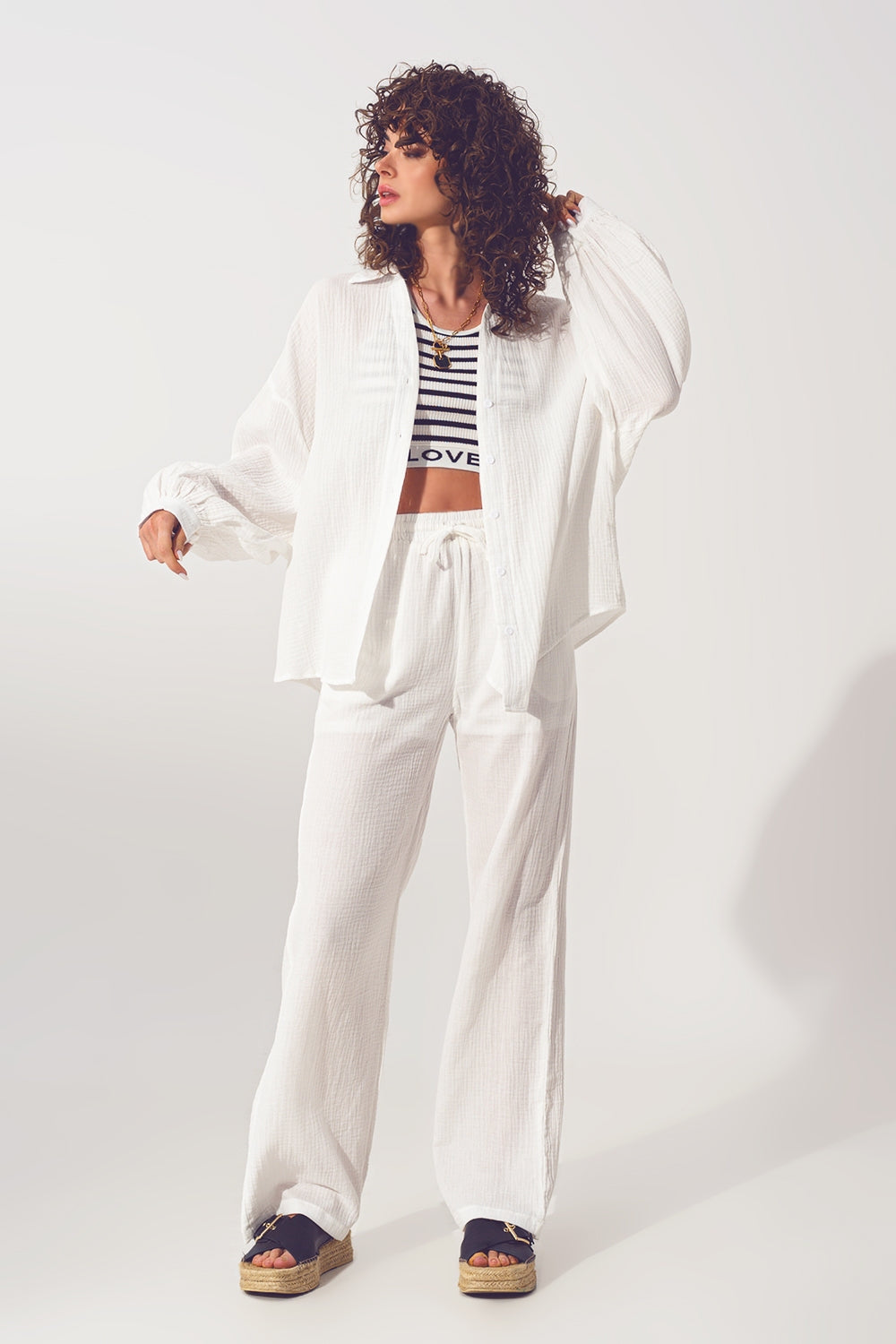 Textured Wide Leg Pants in White - Szua Store