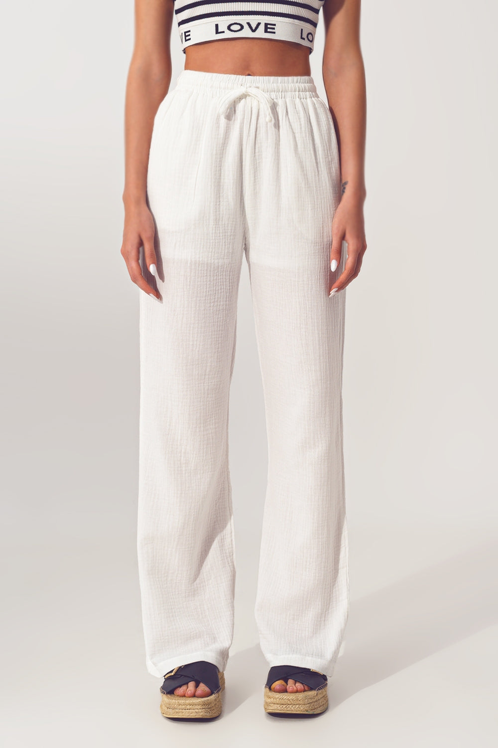 Textured Wide Leg Pants in White - Szua Store