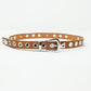 Thin brown leather belt with silver details