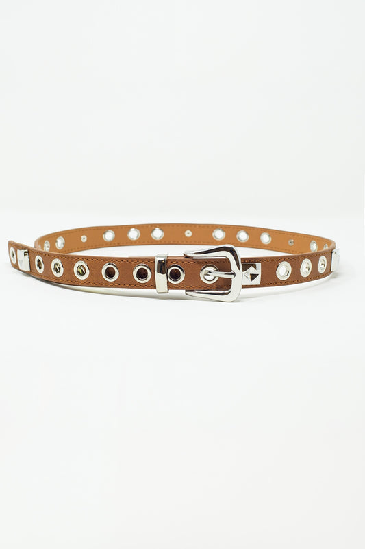 Thin brown leather belt with silver details