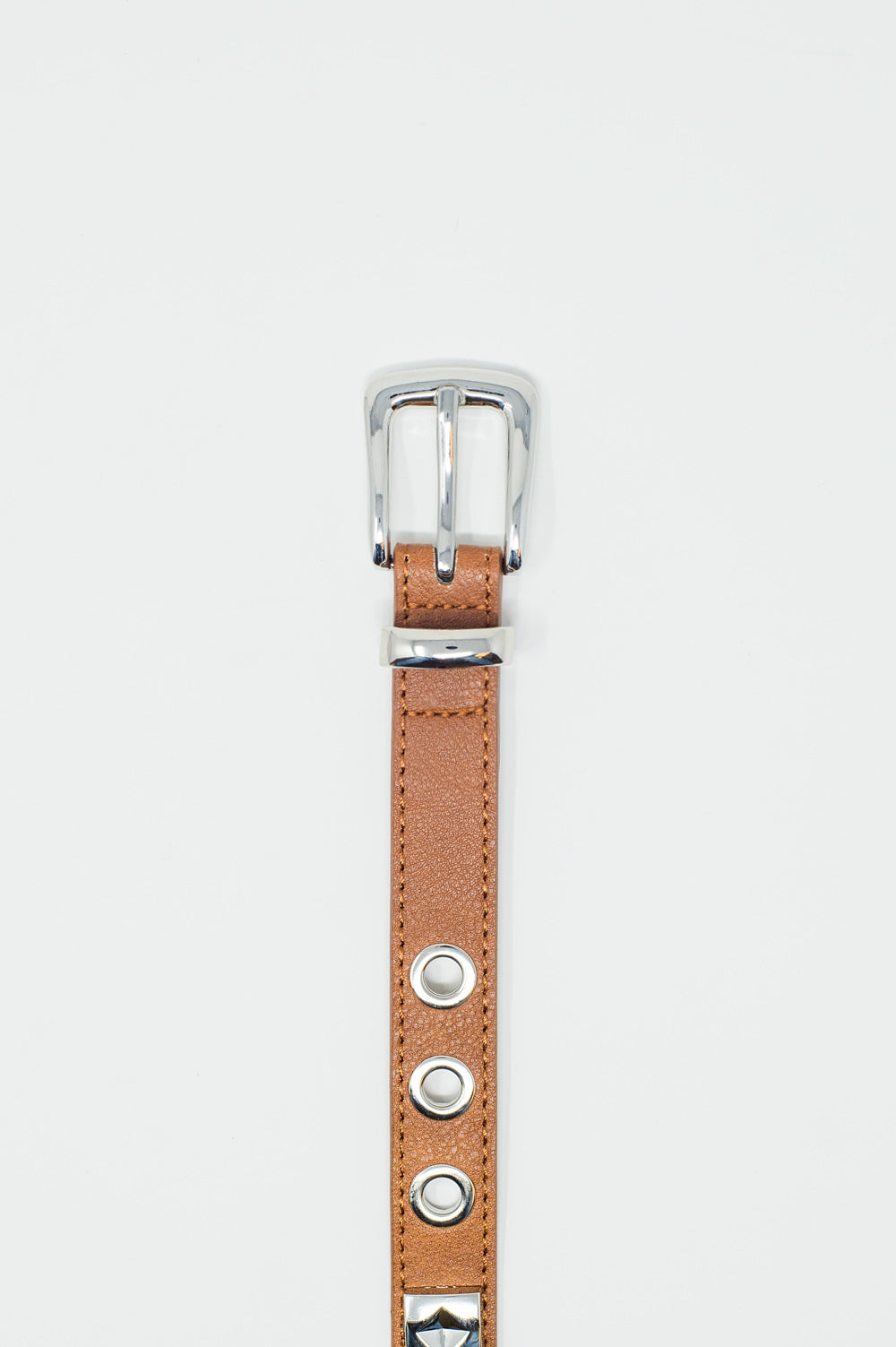 Thin brown leather belt with silver details