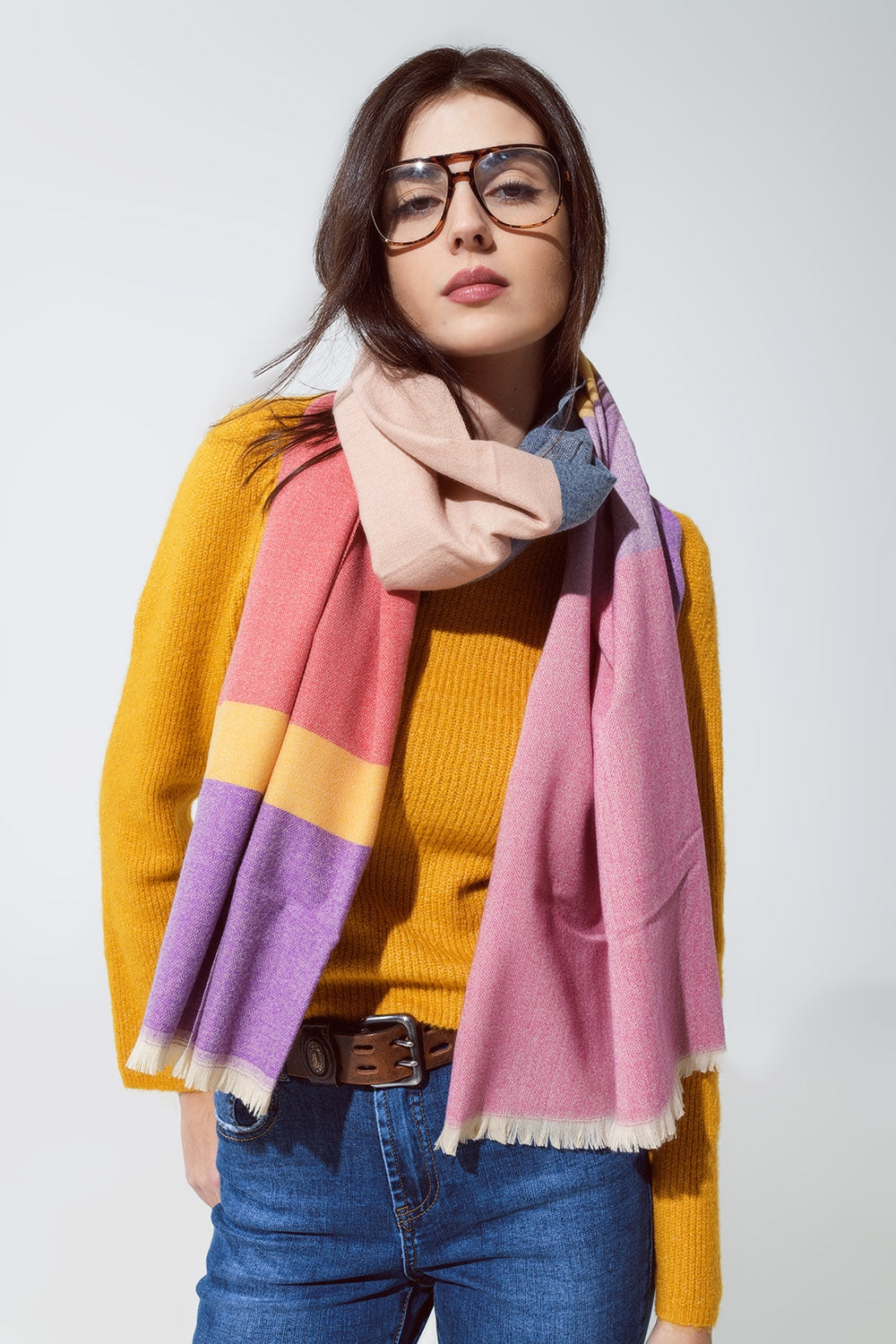 Q2 Thin Long Scarf In Multicolor Warm Colors