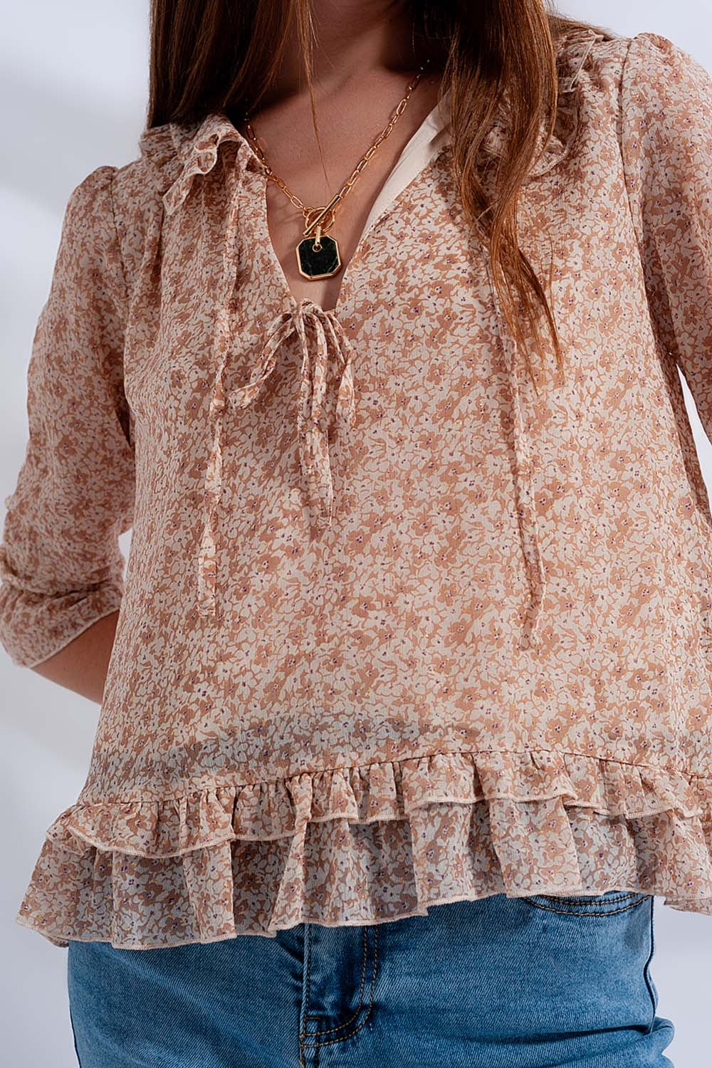 Tie front chiffon blouse in beige floral print Szua Store