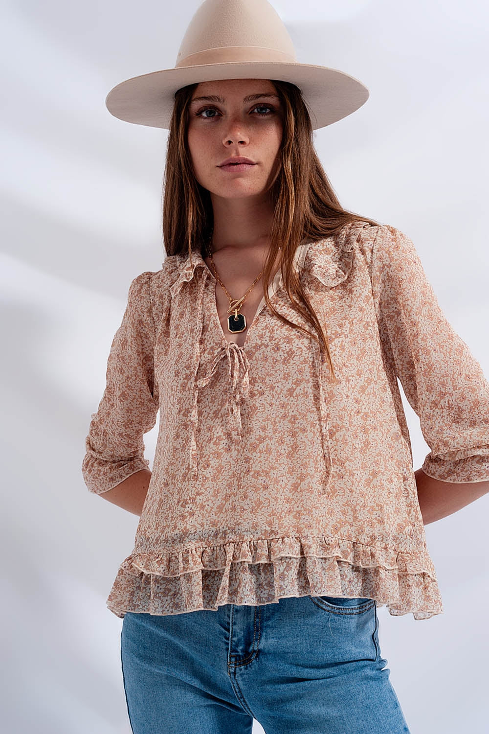 Tie front chiffon blouse in beige floral print Szua Store