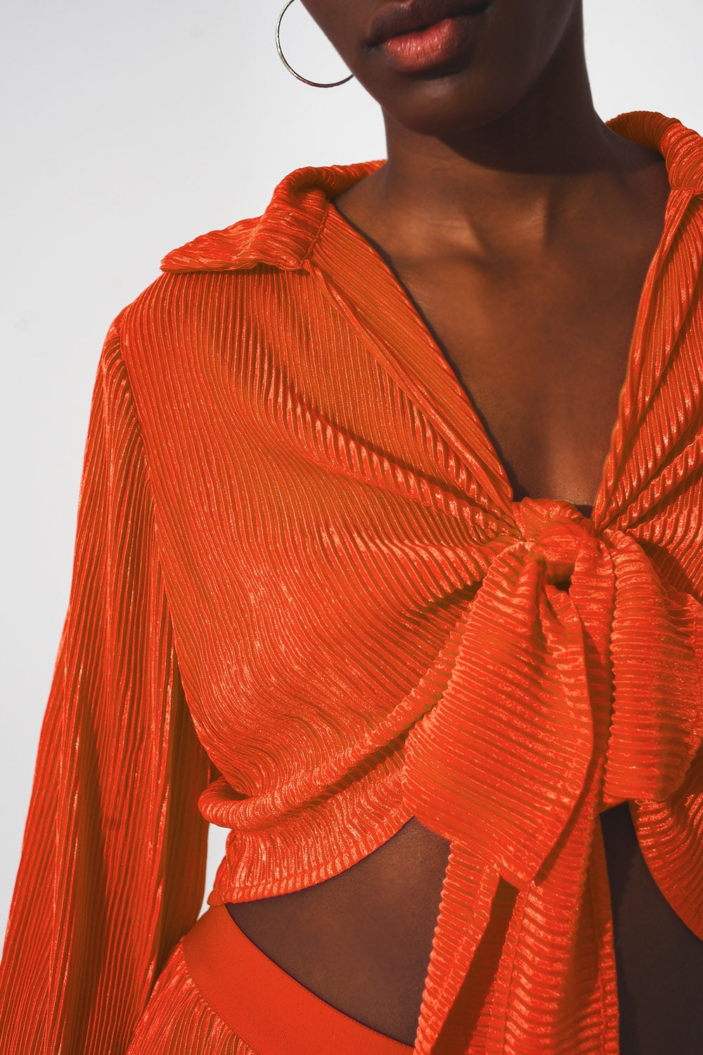 Tie front pleated crop top in orange - Szua Store